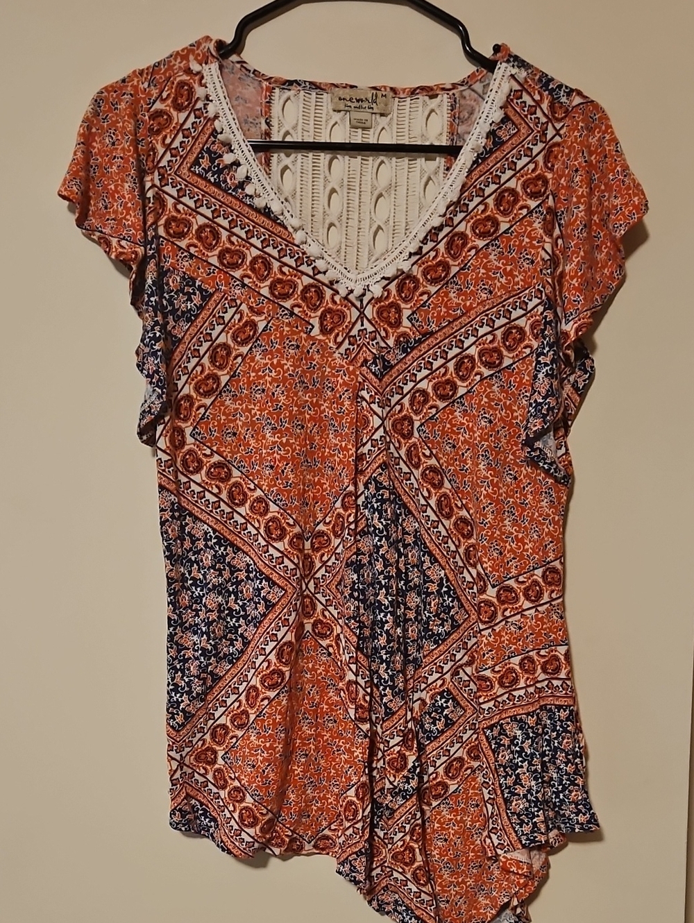 ONE WORLD Orange and Navy Printed V-Neck Blouse with Crochet Inset